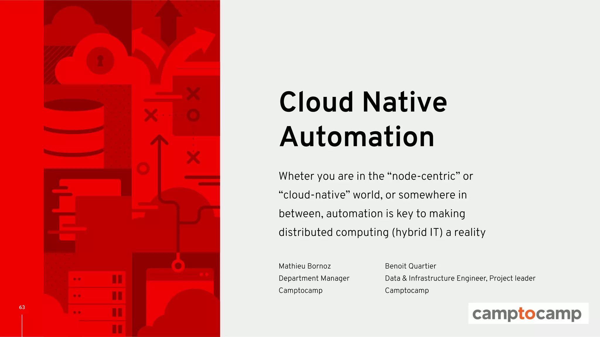 CONFIDENTIAL Designator
63
Wheter you are in the “node-centric” or
“cloud-native” world, or somewhere in
between, automation is key to making
distributed computing (hybrid IT) a reality
Cloud Native
Automation
Mathieu Bornoz
Department Manager
Camptocamp
Benoit Quartier
Data & Infrastructure Engineer, Project leader
Camptocamp
 