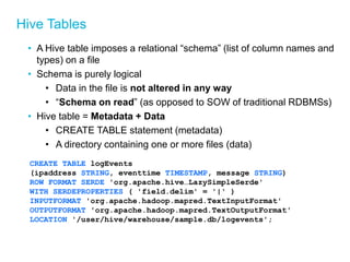 Hive Tables 
•A Hive table imposes a relational “schema” (list of column names and types) on a file 
•Schema is purely logical 
•Data in the file is not altered in any way 
•“Schema on read” (as opposed to SOW of traditional RDBMSs) 
•Hive table = Metadata + Data 
•CREATE TABLE statement (metadata) 
•A directory containing one or more files (data) 
CREATE TABLE logEvents 
(ipaddress STRING, eventtime TIMESTAMP, message STRING) ROW FORMAT SERDE 'org.apache.hive…LazySimpleSerde' 
WITH SERDEPROPERTIES ( 'field.delim' = '|' ) 
INPUTFORMAT 'org.apache.hadoop.mapred.TextInputFormat' 
OUTPUTFORMAT 'org.apache.hadoop.mapred.TextOutputFormat' 
LOCATION '/user/hive/warehouse/sample.db/logevents';  