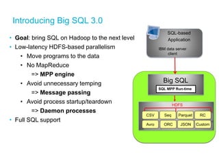 Introducing Big SQL 3.0 
•Goal: bring SQL on Hadoop to the next level 
•Low-latency HDFS-based parallelism 
•Move programs to the data 
•No MapReduce 
=> MPP engine 
•Avoid unnecessary temping 
=> Message passing 
•Avoid process startup/teardown 
=> Daemon processes 
•Full SQL support 
SQL-based 
Application 
Big SQL Engine 
HDFS 
IBM data server client 
SQL MPP Run-time 
CSV 
Seq 
Parquet 
RC 
ORC 
Avro 
Custom 
JSON  