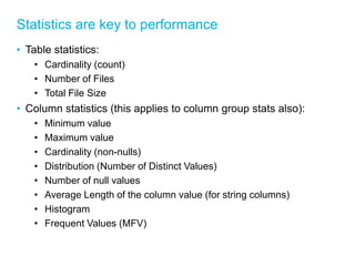 •Table statistics: 
•Cardinality (count) 
•Number of Files 
•Total File Size 
•Column statistics (this applies to column group stats also): 
•Minimum value 
•Maximum value 
•Cardinality (non-nulls) 
•Distribution (Number of Distinct Values) 
•Number of null values 
•Average Length of the column value (for string columns) 
•Histogram 
•Frequent Values (MFV) 
Statistics are key to performance  
