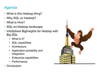 Agenda 
•What is this Hadoop thing? 
•Why SQL on Hadoop? 
•What is Hive? 
•SQL-on-Hadoop landscape 
•InfoSphere BigInsights for Hadoop with Big SQL 
•What is it? 
•SQL capabilities 
•Architecture 
•Application portability and integration 
•Enterprise capabilities 
•Performance 
•Conclusion 
 