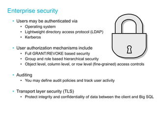 Enterprise security 
•Users may be authenticated via 
•Operating system 
•Lightweight directory access protocol (LDAP) 
•Kerberos 
•User authorization mechanisms include 
•Full GRANT/REVOKE based security 
•Group and role based hierarchical security 
•Object level, column level, or row level (fine-grained) access controls 
•Auditing 
•You may define audit policies and track user activity 
•Transport layer security (TLS) 
•Protect integrity and confidentiality of data between the client and Big SQL  