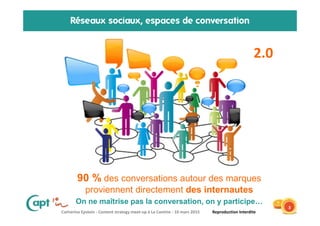Catherine Epstein - Content strategy meet-up à La Cantine - 10 mars 2015 Reproduction Interdite
Réseaux sociaux, espaces de conversation
2.0
90 % des conversations autour des marques
proviennent directement des internautes
On ne maîtrise pas la conversation, on y participe…
3
 