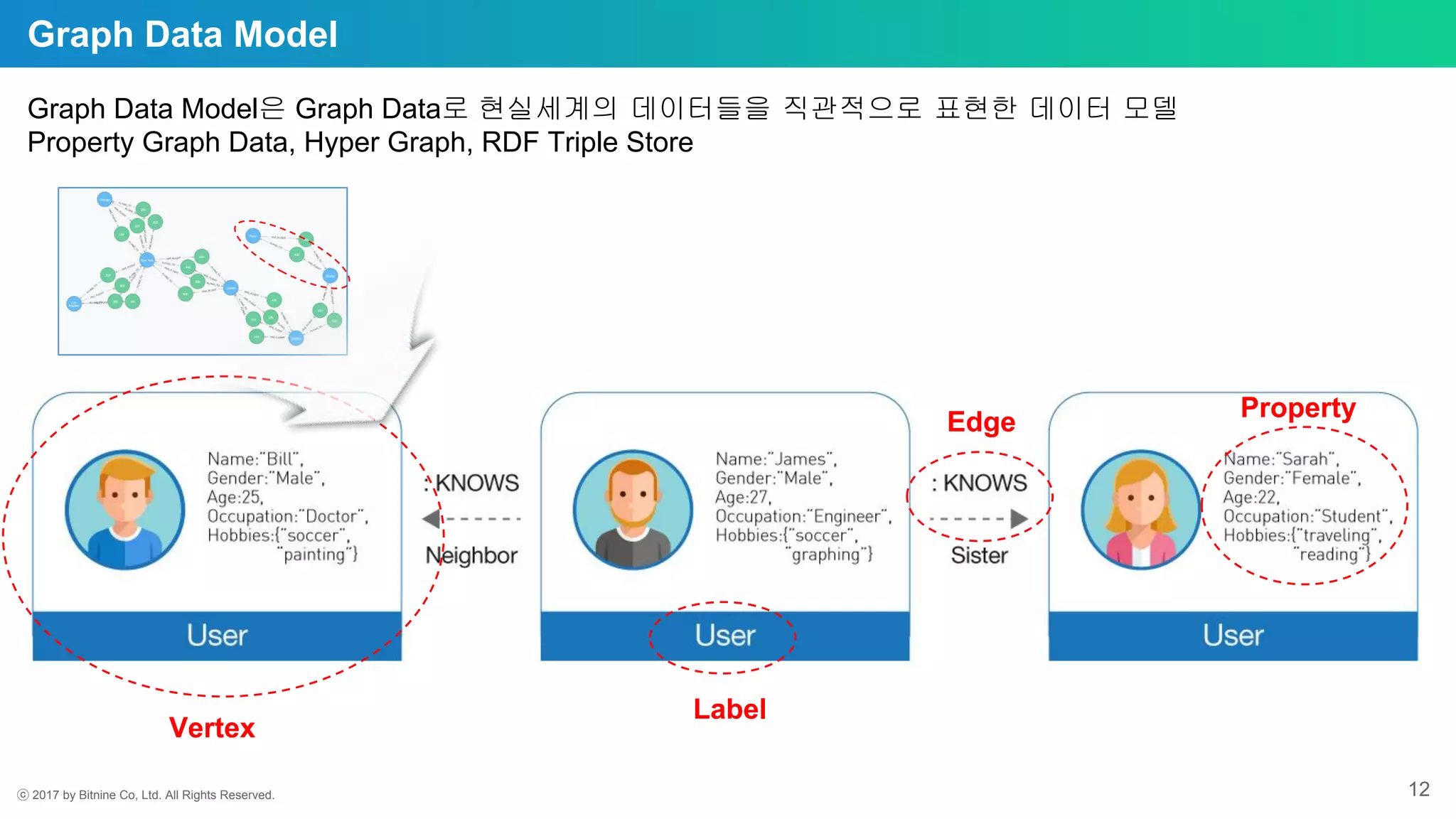 ⓒ 2017 by Bitnine Co, Ltd. All Rights Reserved. 12
Graph Data Model
Property
Edge
Vertex
Label
Graph Data Model은 Graph Data로 현실세계의 데이터들을 직관적으로 표현한 데이터 모델
Property Graph Data, Hyper Graph, RDF Triple Store
 