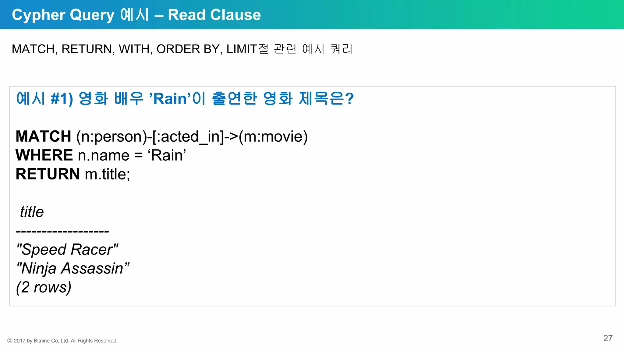 ⓒ 2017 by Bitnine Co, Ltd. All Rights Reserved. 27
Cypher Query 예시 – Read Clause
MATCH, RETURN, WITH, ORDER BY, LIMIT절 관련 예시 쿼리
예시 #1) 영화 배우 ’Rain’이 출연한 영화 제목은?
MATCH (n:person)-[:acted_in]->(m:movie)
WHERE n.name = ‘Rain’
RETURN m.title;
title
------------------
"Speed Racer"
"Ninja Assassin”
(2 rows)
 