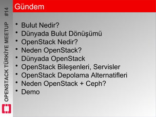 OPENSTACKTÜRKİYEMEETUP#14 Gündem
• Bulut Nedir?
• Dünyada Bulut Dönüşümü
• OpenStack Nedir?
• Neden OpenStack?
• Dünyada OpenStack
• OpenStack Bileşenleri, Servisler
• OpenStack Depolama Alternatifleri
• Neden OpenStack + Ceph?
• Demo
 