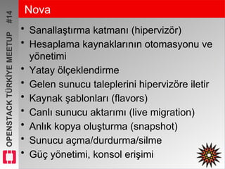 OPENSTACKTÜRKİYEMEETUP#14 Nova
• Sanallaştırma katmanı (hipervizör)
• Hesaplama kaynaklarının otomasyonu ve
yönetimi
• Yatay ölçeklendirme
• Gelen sunucu taleplerini hipervizöre iletir
• Kaynak şablonları (flavors)
• Canlı sunucu aktarımı (live migration)
• Anlık kopya oluşturma (snapshot)
• Sunucu açma/durdurma/silme
• Güç yönetimi, konsol erişimi
 