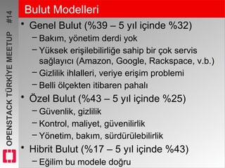 OPENSTACKTÜRKİYEMEETUP#14 Bulut Modelleri
• Genel Bulut (%39 – 5 yıl içinde %32)
– Bakım, yönetim derdi yok
– Yüksek erişilebilirliğe sahip bir çok servis
sağlayıcı (Amazon, Google, Rackspace, v.b.)
– Gizlilik ihlalleri, veriye erişim problemi
– Belli ölçekten itibaren pahalı
• Özel Bulut (%43 – 5 yıl içinde %25)
– Güvenlik, gizlilik
– Kontrol, maliyet, güvenilirlik
– Yönetim, bakım, sürdürülebilirlik
• Hibrit Bulut (%17 – 5 yıl içinde %43)
– Eğilim bu modele doğru
 