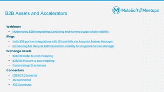 B2B Assets and Accelerators
Webinars
- Modernizing B2B Integrations: Unlocking end-to-end supply chain visibility
Blogs
- Unify B2B partner integrations with EDI and APIs via Anypoint Partner Manager
- Introducing full lifecycle B2B transaction visibility for Anypoint Partner Manager
Exchange assets
- B2B/EDI Order to cash mapping
- B2B/EDI Procure to pay mapping
- Customizing EDI schemas
Connectors
- EDIFACT Connector
- X12 Connector
- AS2 Connector
 