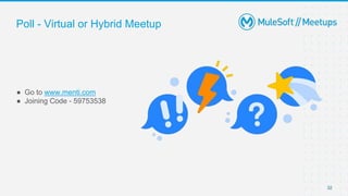 32
● Go to www.menti.com
● Joining Code - 59753538
Poll - Virtual or Hybrid Meetup
 