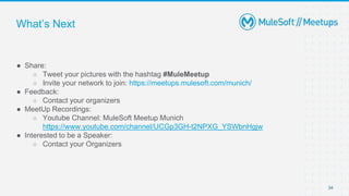 34
● Share:
○ Tweet your pictures with the hashtag #MuleMeetup
○ Invite your network to join: https://meetups.mulesoft.com/munich/
● Feedback:
○ Contact your organizers
● MeetUp Recordings:
○ Youtube Channel: MuleSoft Meetup Munich
https://www.youtube.com/channel/UCGp3GH-t2NPXG_YSWbnHgjw
● Interested to be a Speaker:
○ Contact your Organizers
What’s Next
 