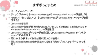 まずざっとまとめ
• パーミッションチェック
• チェックがallowならsendAsyncMessageで 'Contacts:Find' メッセージを投げる
• Parentプロセスで動いているContactsServiceが 'Contacts:Find' メッセージを受
信すると
• ContactDBを検索
• ContactDBの処理が終わったらChildプロセスに 'Contacts:Find:Return:OK' か
'Contacts:Find:Return:KO' メッセージを送信
• ContactsManagerがメッセージを受信してDOMRequestのsuccessイベントか
errorイベントを発火
• 間にIPCとか挟まってるけど闇が深いので省略！
• 間にIndexedDBHelperとか挟まってるけどただのプロミスラッパーなので省
略！
 