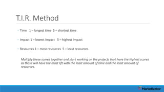 T.I.R. Method
◦ Time 1 – longest time 5 – shortest time
◦ Impact 1 – lowest impact 5 – highest impact
◦ Resources 1 – most resources 5 – least resources
Multiply these scores together and start working on the projects that have the highest scores
as those will have the most lift with the least amount of time and the least amount of
resources.
 