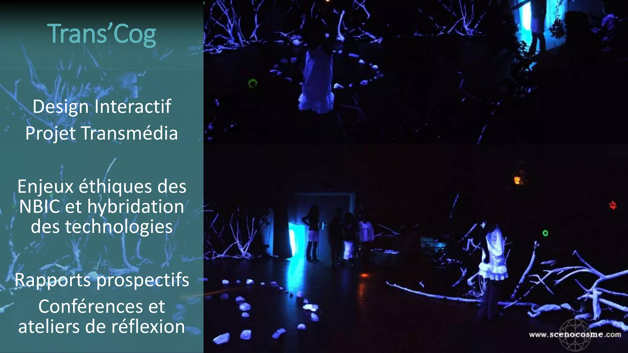 Design Interactif
Projet Transmédia
Enjeux éthiques des
NBIC et hybridation
des technologies
Rapports prospectifs
Conférences et
ateliers de réflexion
Trans’Cog
 