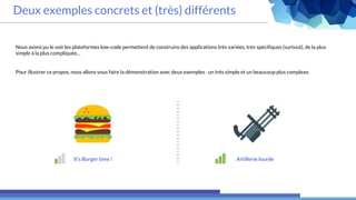 Deux exemples concrets et (très) différents
Nous avons pu le voir les plateformes low-code permettent de construire des applications très variées, très spécifiques (surtout), de la plus
simple à la plus compliquée…
Pour illustrer ce propos, nous allons vous faire la démonstration avec deux exemples : un très simple et un beaucoup plus complexe.
It’s Burger time ! Artillerie lourde
 