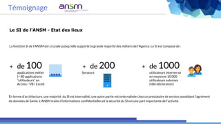 Témoignage
Le SI de l’ANSM - Etat des lieux
La fonction SI de l’ANSM est cruciale puisqu'elle supporte la grande majorité des métiers de l’Agence. Le SI est composé de :
En terme d’architecture, une majorité du SI est internalisé, une autre partie est externalisée chez un prestataire de service possédant l’agrément
de données de Santé. L’ANSM traite d’informations confidentielles et la sécurité du SI est une part importante de l’activité.
+ de 100
applications métier
(+ 80 applications
“utilisateurs” en
Access / VB / Excel)
+ de 200
Serveurs
+ de 1000
utilisateurs internes et
en moyenne 10 000
utilisateurs externes
(télé-déclaration)
 