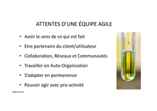 ATTENTES D’UNE ÉQUIPE AGILE
• Avoir le sens de ce qui est fait
• Etre partenaire du client/utilisateur
• Collaboration, Réseaux et Communautés
• Travailler en Auto-Organisation
• S’adapter en permanence
• Pouvoir agir avec pro-activité
 