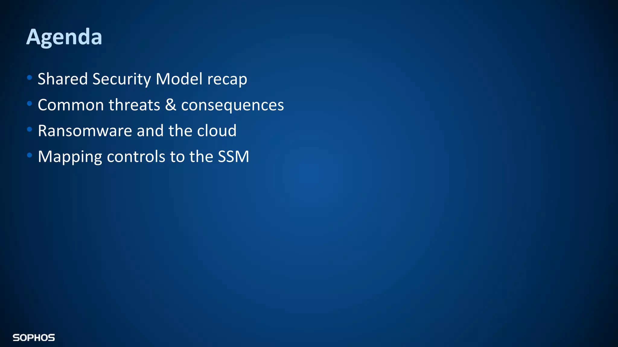 Agenda
• Shared Security Model recap
• Common threats & consequences
• Ransomware and the cloud
• Mapping controls to the SSM
 