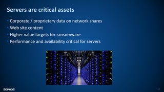 Servers are critical assets
7
• Corporate / proprietary data on network shares
• Web site content
• Higher value targets for ransomware
• Performance and availability critical for servers
 