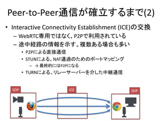 Peer-to-Peer通信が確立するまで(2)
• Interactive Connectivity Establishment (ICE)の交換
– WebRTC専用ではなく、P2Pで利用されている
– 途中経路の情報を示す。複数ある場合も多い
• P2Pによる直接通信
• STUNによる、NAT通過のためのポートマッピング
– → 最終的にはP2Pになる
• TURNによる、リレーサーバーを介した中継通信
SDP SDPICE
 