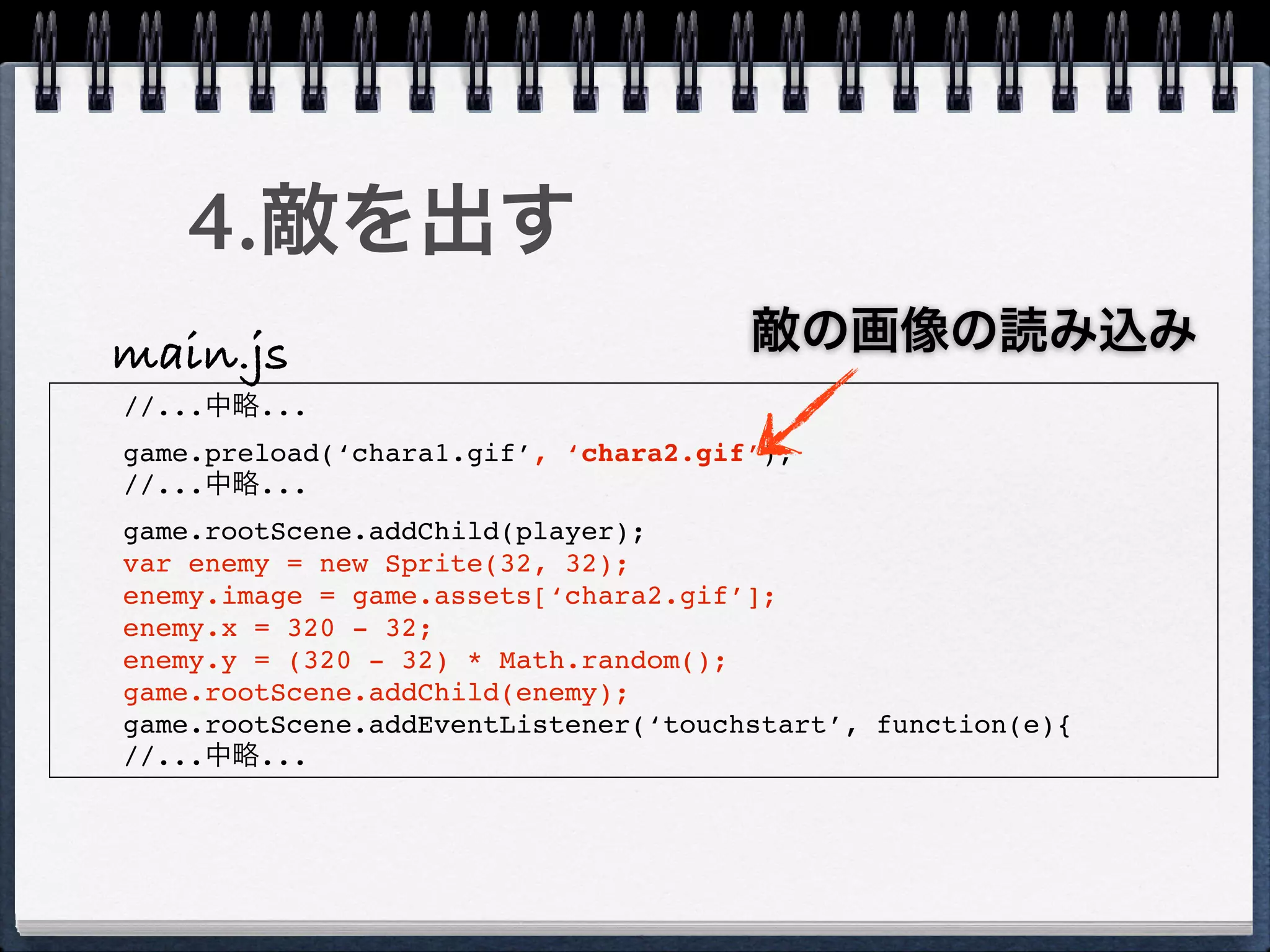 4.敵を出す
main.js                               敵の画像の読み込み
//...中略...
game.preload(‘chara1.gif’, ‘chara2.gif’);
//...中略...
game.rootScene.addChild(player);
var enemy = new Sprite(32, 32);
enemy.image = game.assets[‘chara2.gif’];
enemy.x = 320 - 32;
enemy.y = (320 - 32) * Math.random();
game.rootScene.addChild(enemy);
game.rootScene.addEventListener(‘touchstart’, function(e){
//...中略...
 
