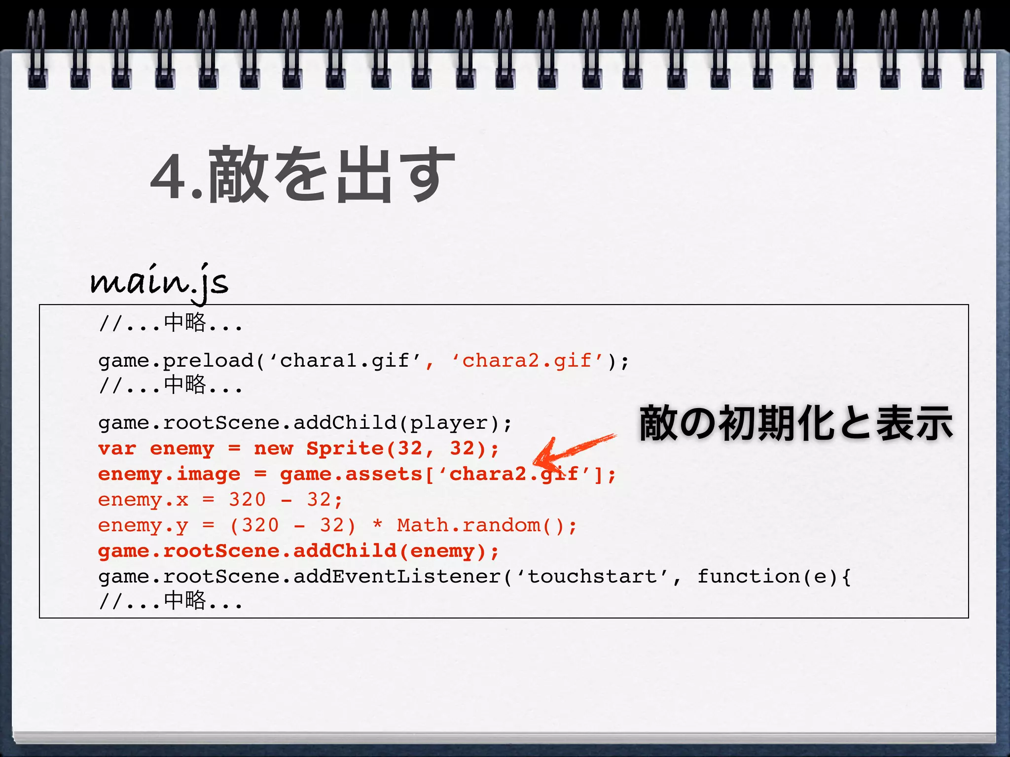 4.敵を出す
main.js
//...中略...
game.preload(‘chara1.gif’, ‘chara2.gif’);
//...中略...
game.rootScene.addChild(player);
var enemy = new Sprite(32, 32);
                                            敵の初期化と表示
enemy.image = game.assets[‘chara2.gif’];
enemy.x = 320 - 32;
enemy.y = (320 - 32) * Math.random();
game.rootScene.addChild(enemy);
game.rootScene.addEventListener(‘touchstart’, function(e){
//...中略...
 