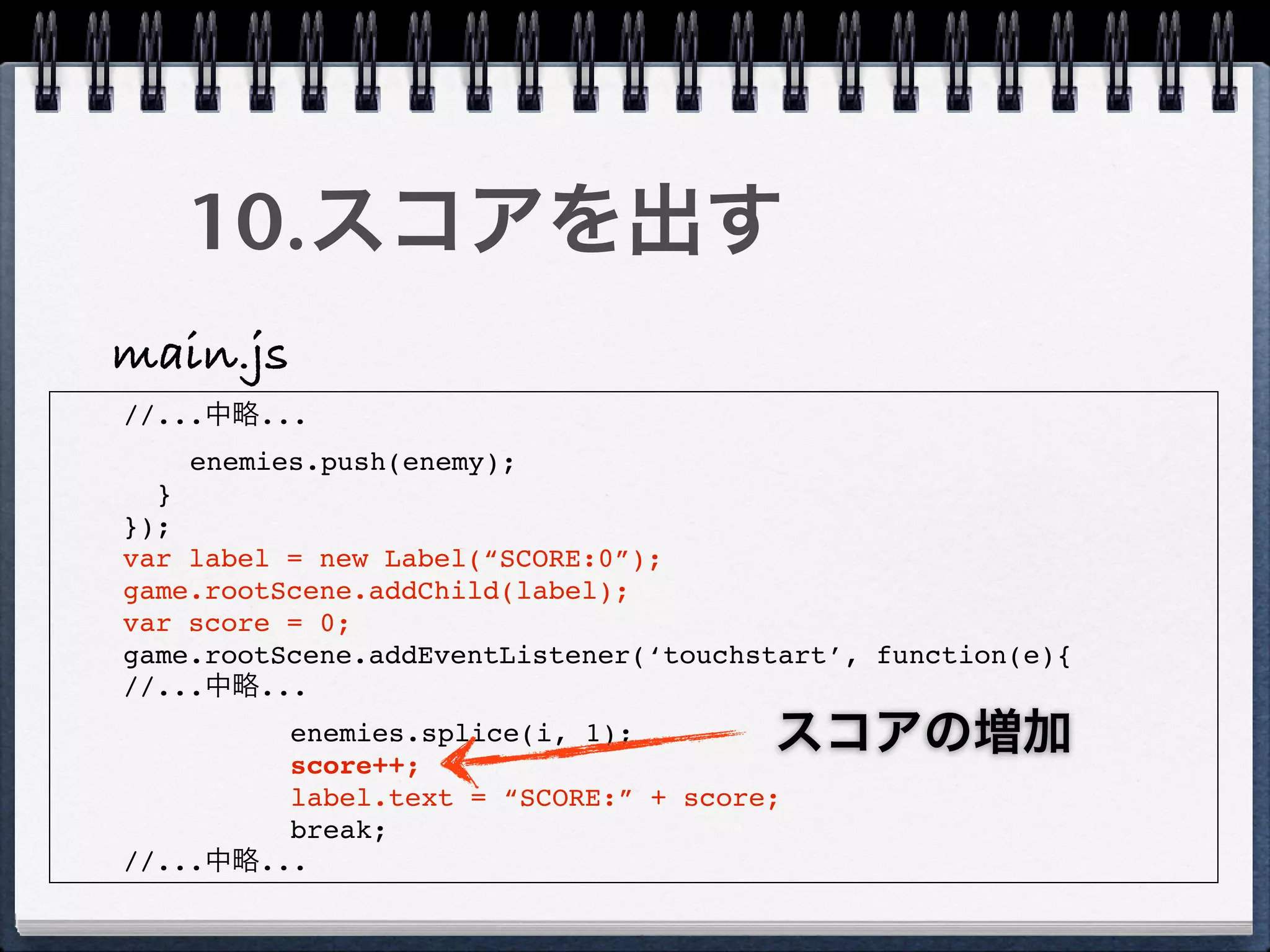 10.スコアを出す
main.js
//...中略...
    enemies.push(enemy);
  }
});
var label = new Label(“SCORE:0”);
game.rootScene.addChild(label);
var score = 0;
game.rootScene.addEventListener(‘touchstart’, function(e){
//...中略...
         enemies.splice(i, 1);
         score++;
                                       スコアの増加
         label.text = “SCORE:” + score;
         break;
//...中略...
 