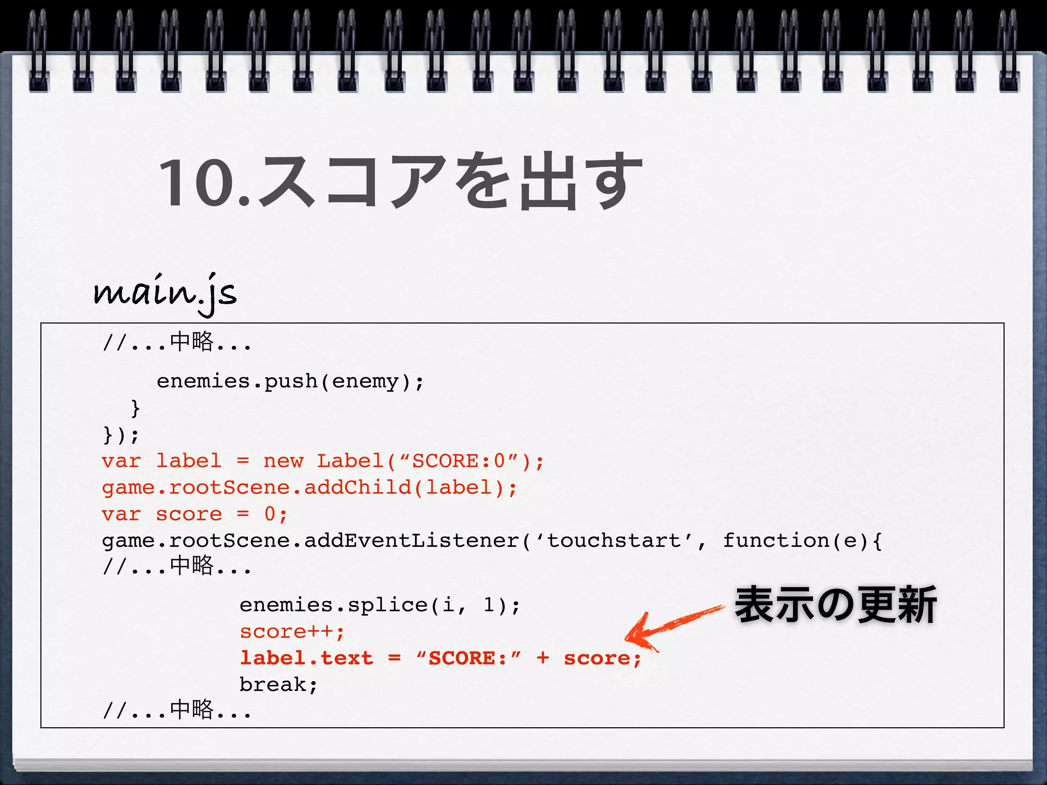 10.スコアを出す
main.js
//...中略...
    enemies.push(enemy);
  }
});
var label = new Label(“SCORE:0”);
game.rootScene.addChild(label);
var score = 0;
game.rootScene.addEventListener(‘touchstart’, function(e){
//...中略...
         enemies.splice(i, 1);
         score++;
                                              表示の更新
         label.text = “SCORE:” + score;
         break;
//...中略...
 