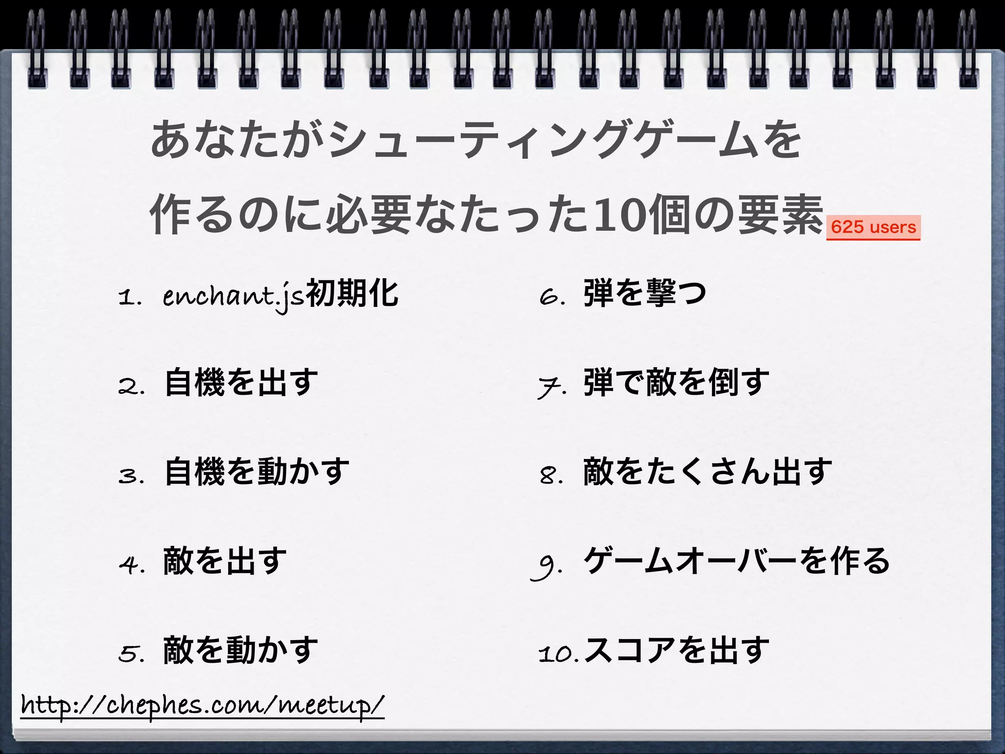 あなたがシューティングゲームを
         作るのに必要なたった10個の要素                625 users



       1. enchant.js初期化      6. 弾を撃つ

       2. 自機を出す              7. 弾で敵を倒す

       3. 自機を動かす             8. 敵をたくさん出す

       4. 敵を出す               9. ゲームオーバーを作る

       5. 敵を動かす              10.スコアを出す
http://chephes.com/meetup/
 