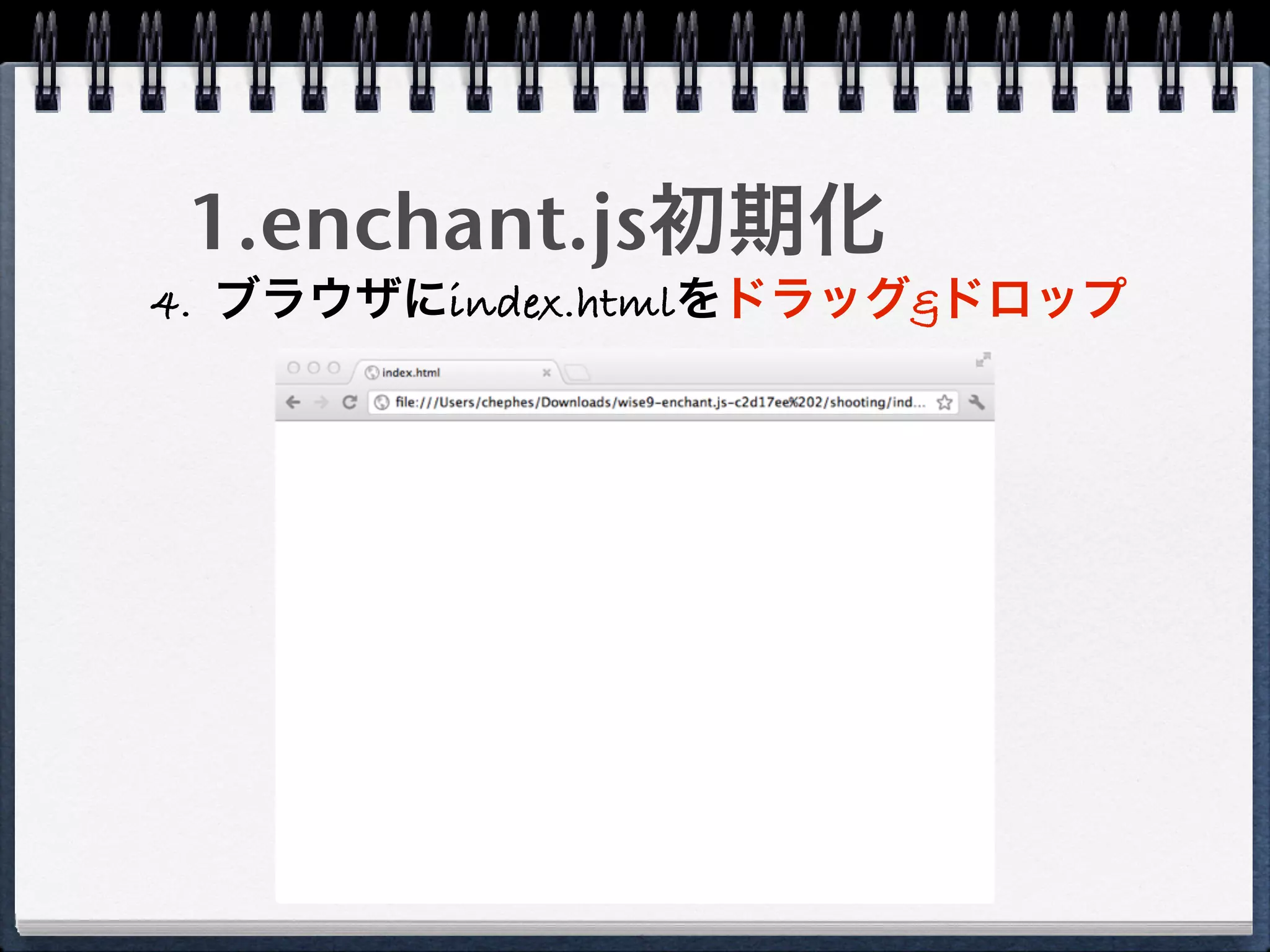 1.enchant.js初期化
4. ブラウザにindex.htmlをドラッグ&ドロップ
 