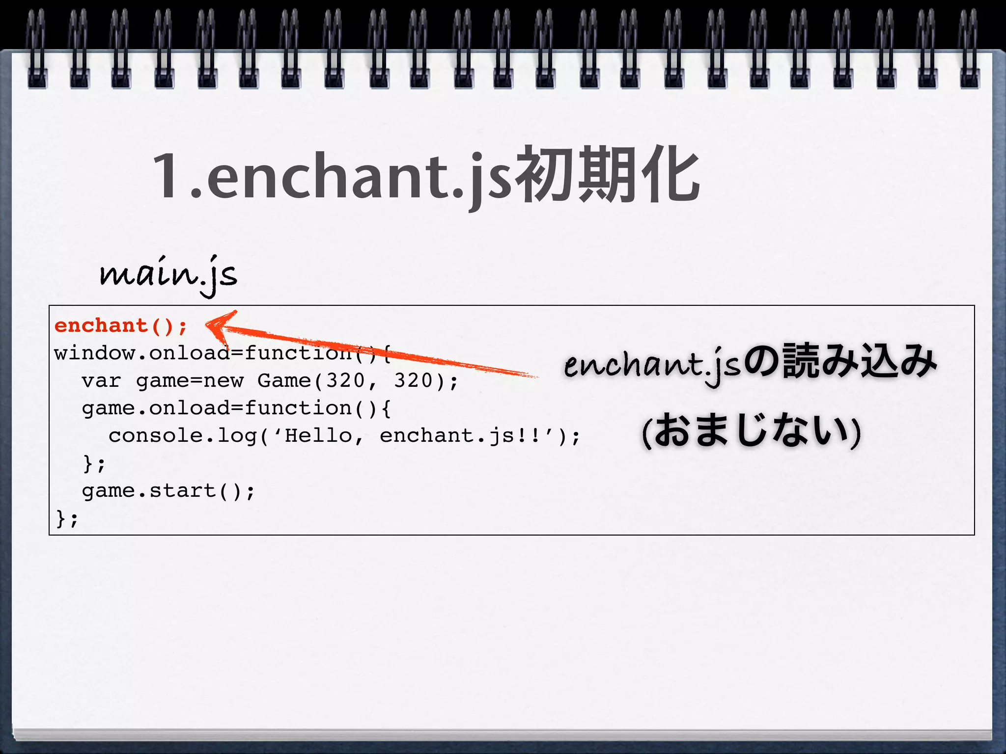 1.enchant.js初期化
   main.js
enchant();
window.onload=function(){
   var game=new Game(320, 320);
                                       enchant.jsの読み込み
   game.onload=function(){
      console.log(‘Hello, enchant.js!!’);   (おまじない)
   };
   game.start();
};
 