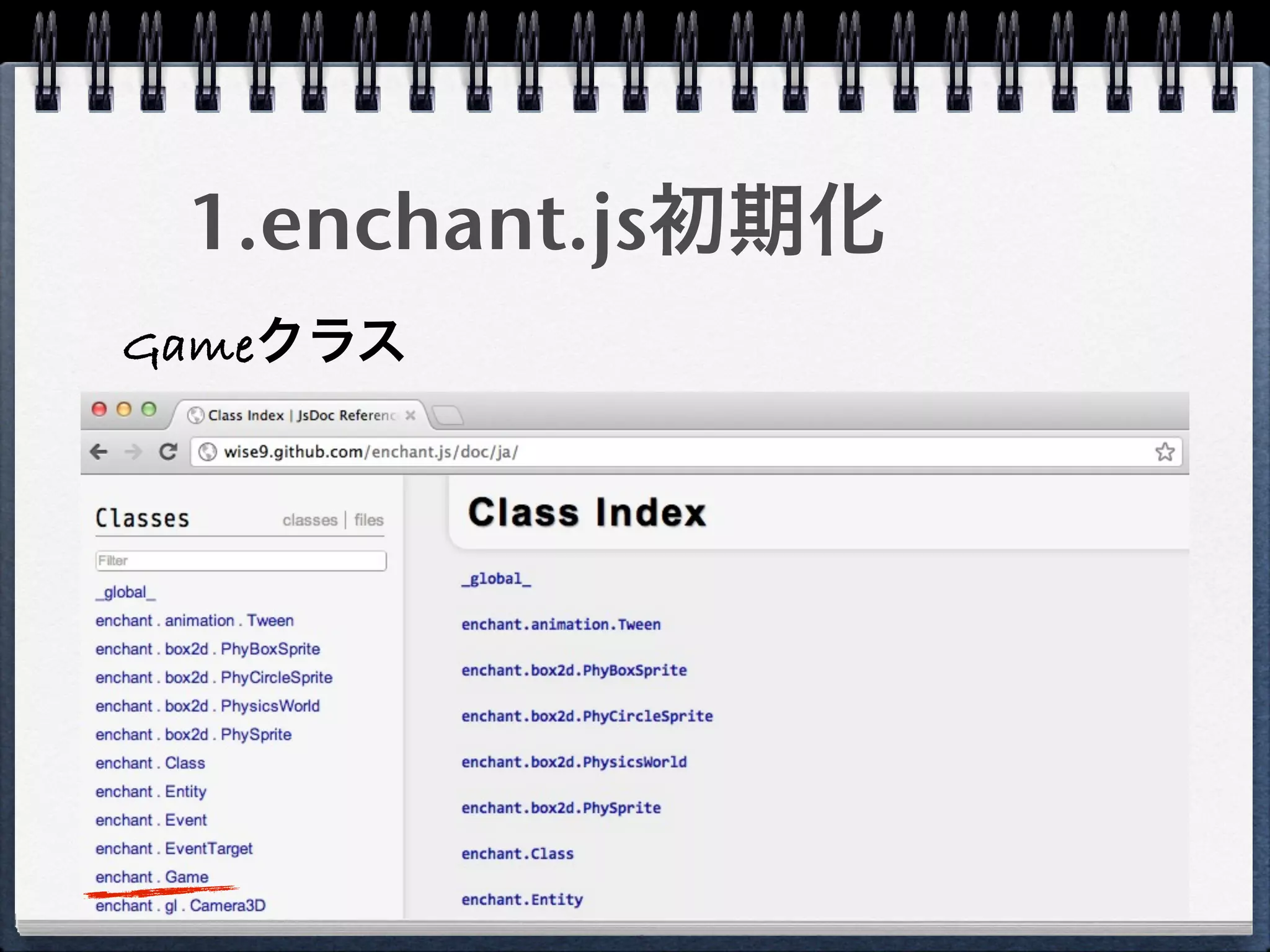 1.enchant.js初期化
Gameクラス
 