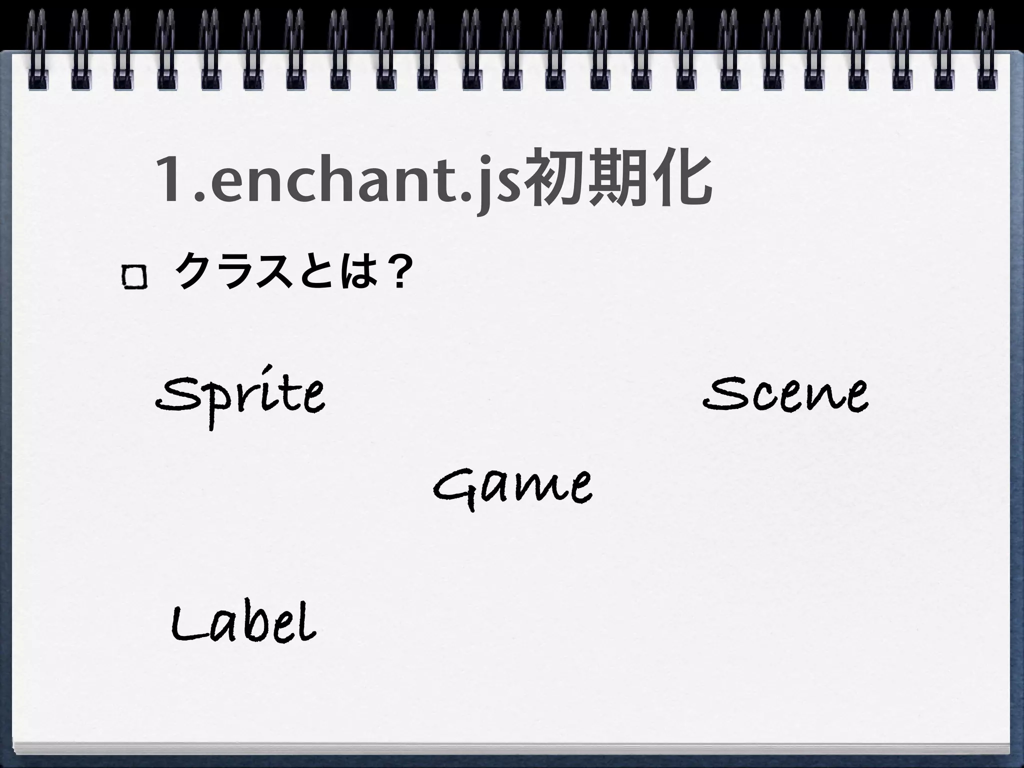 1.enchant.js初期化
クラスとは？

Sprite          Scene
         Game

Label
 
