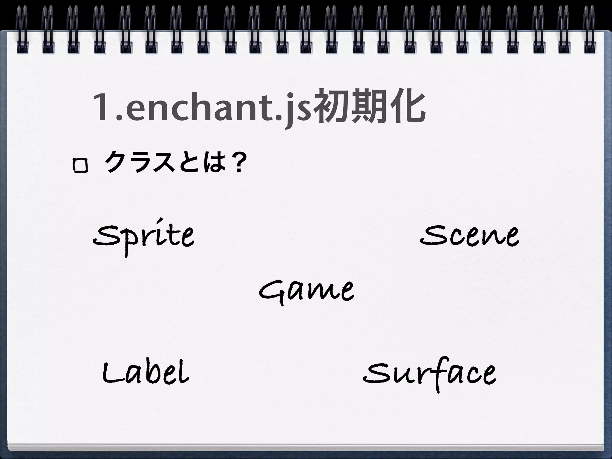 1.enchant.js初期化
クラスとは？

Sprite            Scene
         Game

Label           Surface
 