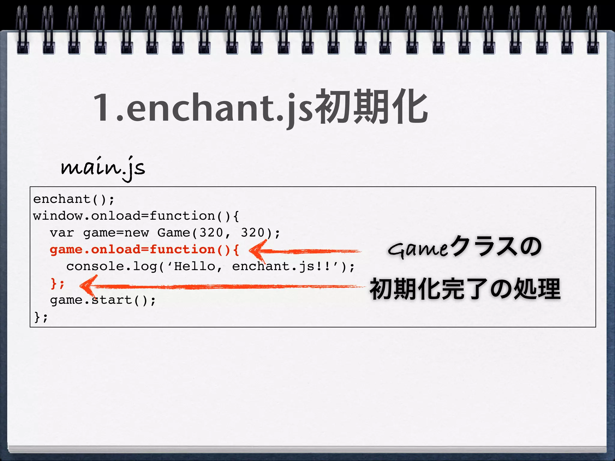 1.enchant.js初期化
   main.js
enchant();
window.onload=function(){
   var game=new Game(320, 320);
   game.onload=function(){                  Gameクラスの
      console.log(‘Hello, enchant.js!!’);
   };
   game.start();                            初期化完了の処理
};
 