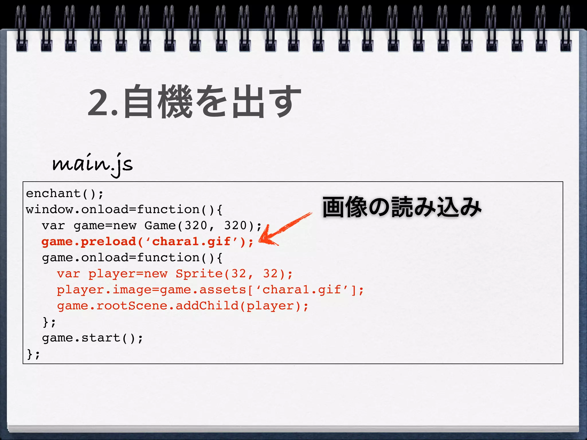 2.自機を出す
   main.js
enchant();
window.onload=function(){             画像の読み込み
   var game=new Game(320, 320);
  game.preload(‘chara1.gif’);
   game.onload=function(){
     var player=new Sprite(32, 32);
     player.image=game.assets[‘chara1.gif’];
     game.rootScene.addChild(player);
   };
   game.start();
};
 