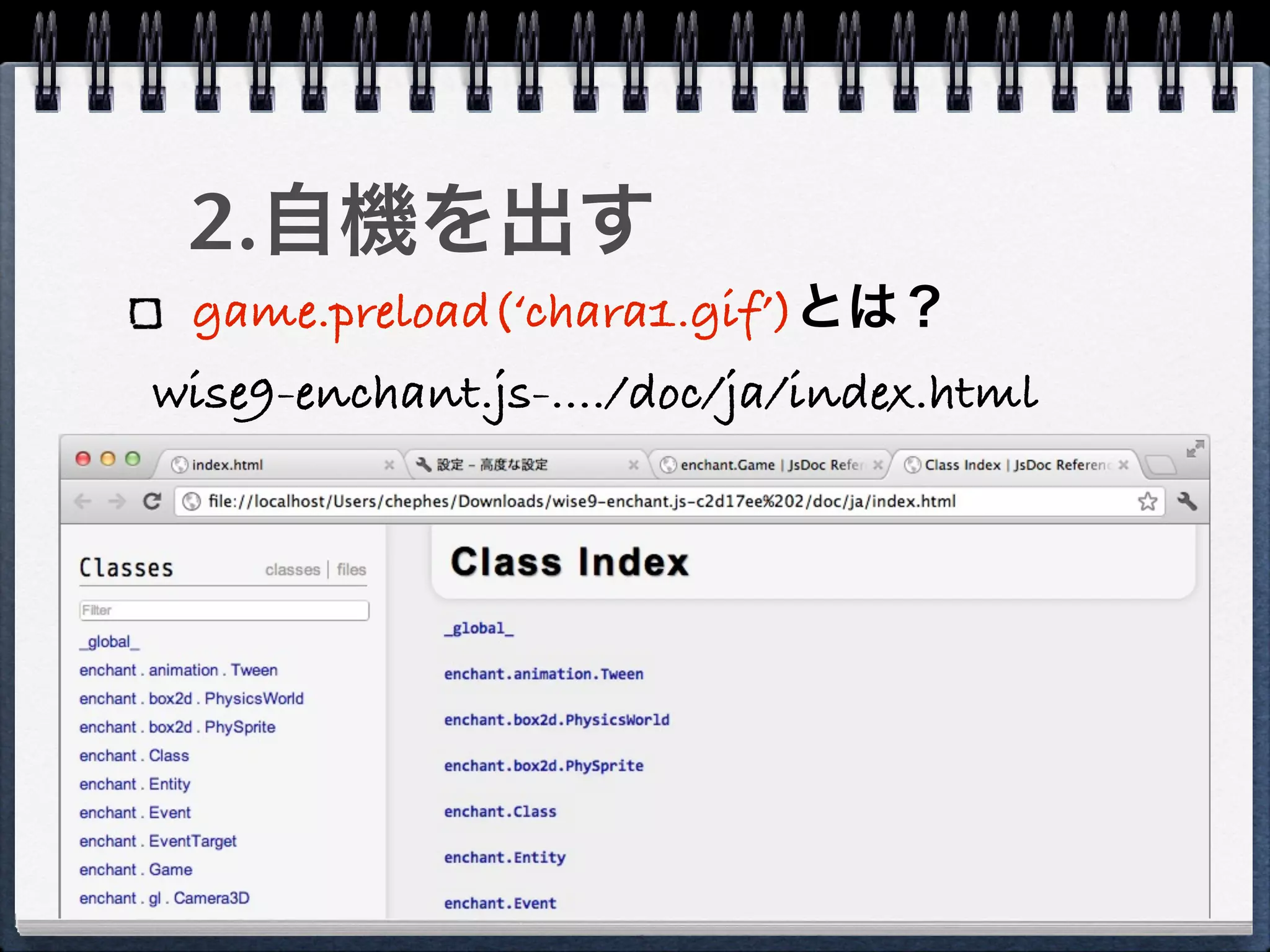 2.自機を出す
 game.preload(‘chara1.gif’)とは？
wise9-enchant.js-..../doc/ja/index.html
 