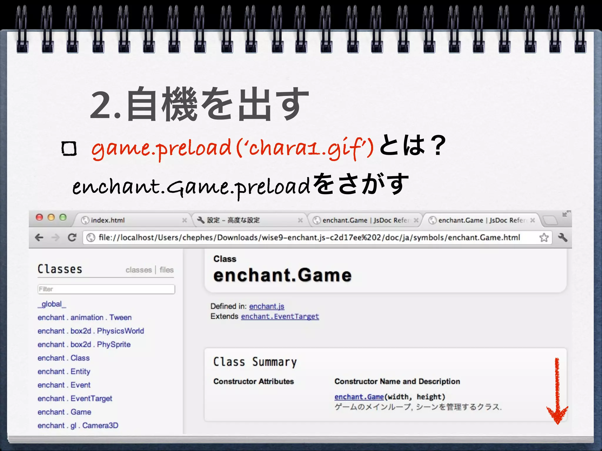 2.自機を出す
 game.preload(‘chara1.gif’)とは？
enchant.Game.preloadをさがす
 