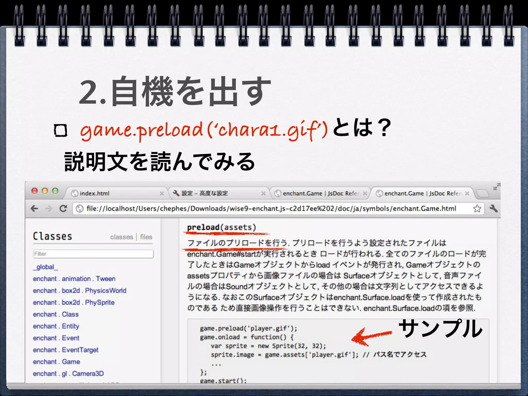 2.自機を出す
game.preload(‘chara1.gif’)とは？
説明文を読んでみる




                                サンプル
 
