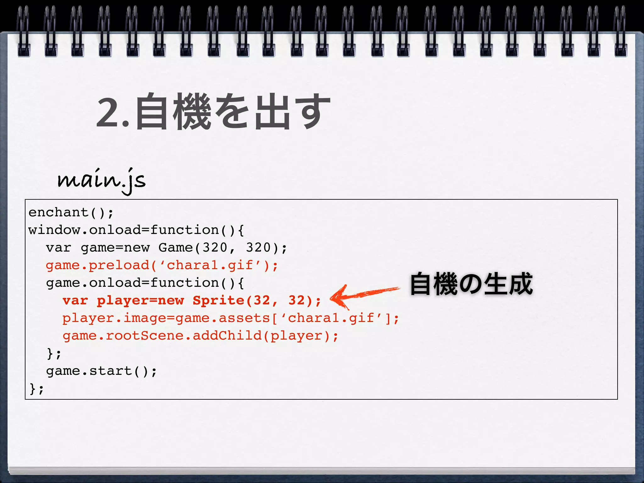 2.自機を出す
   main.js
enchant();
window.onload=function(){
   var game=new Game(320, 320);
  game.preload(‘chara1.gif’);
   game.onload=function(){
     var player=new Sprite(32, 32);
                                               自機の生成
     player.image=game.assets[‘chara1.gif’];
     game.rootScene.addChild(player);
   };
   game.start();
};
 