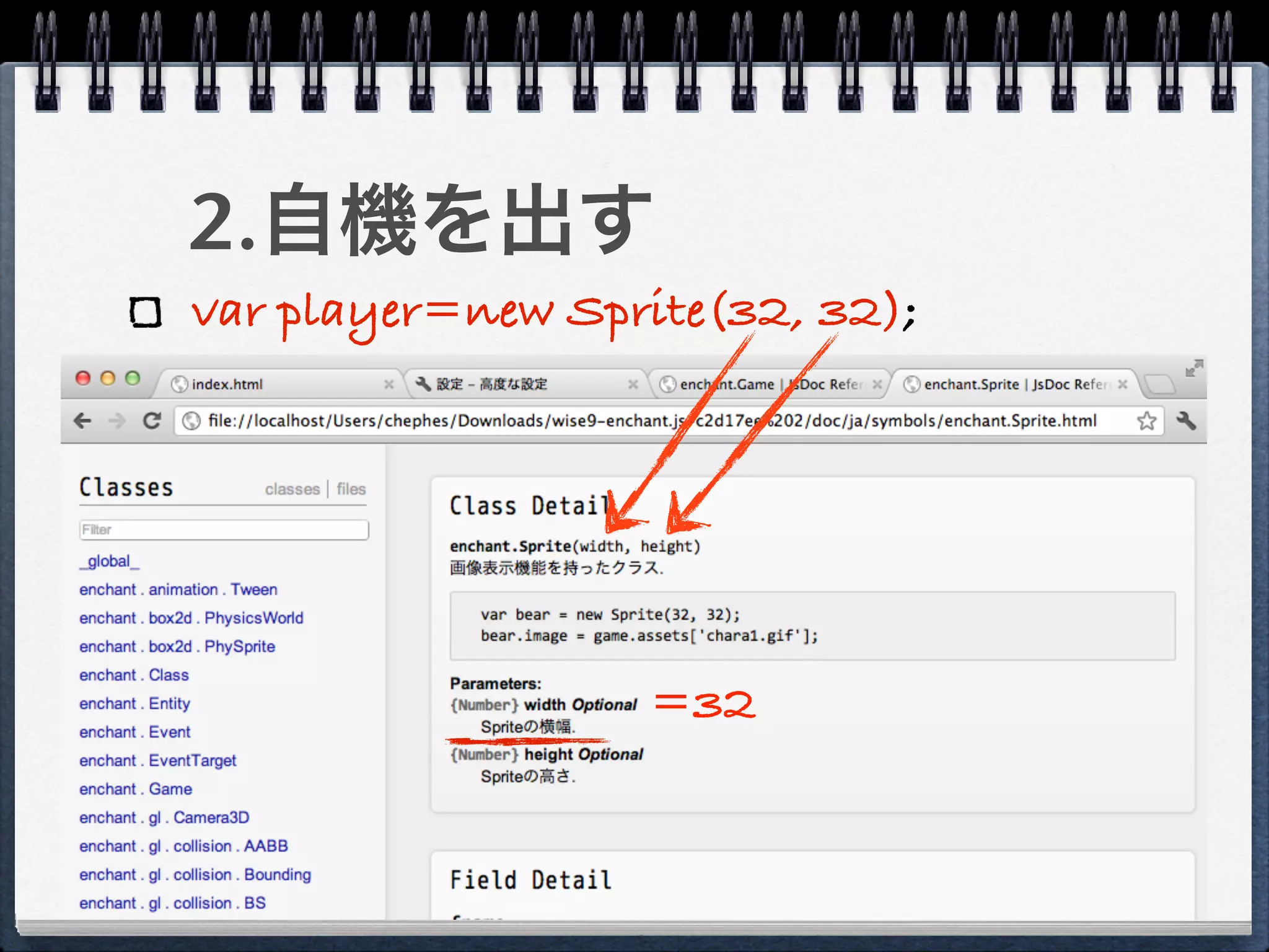 2.自機を出す
var player=new Sprite(32, 32);




                  =32
 