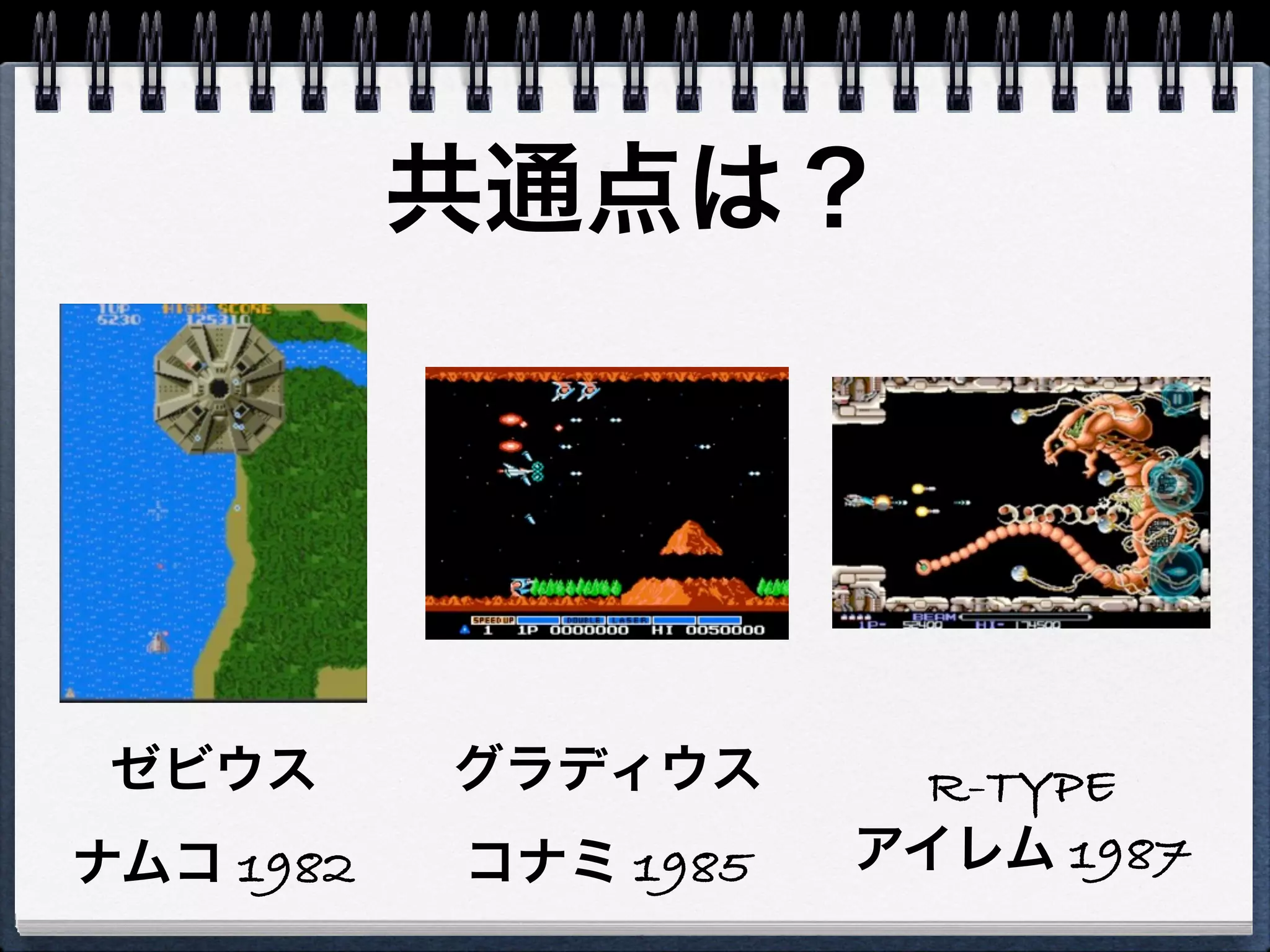 共通点は？




 ゼビウス      グラディウス      R-TYPE
ナムコ 1982   コナミ 1985   アイレム 1987
 