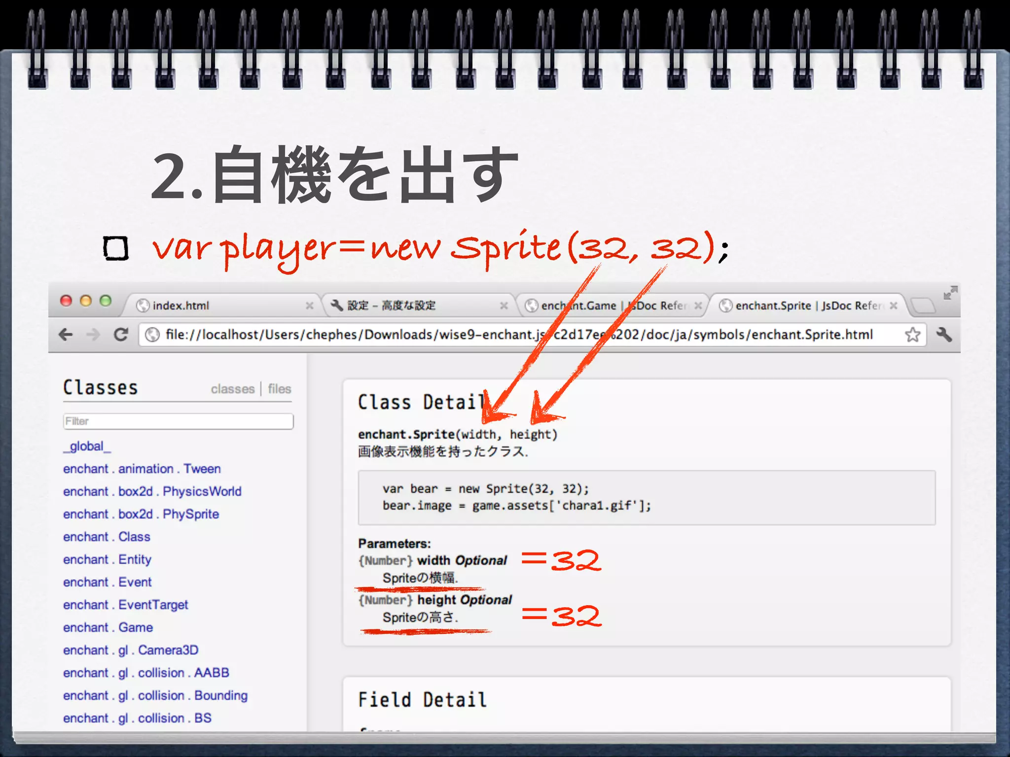 2.自機を出す
var player=new Sprite(32, 32);




                  =32
                  =32
 