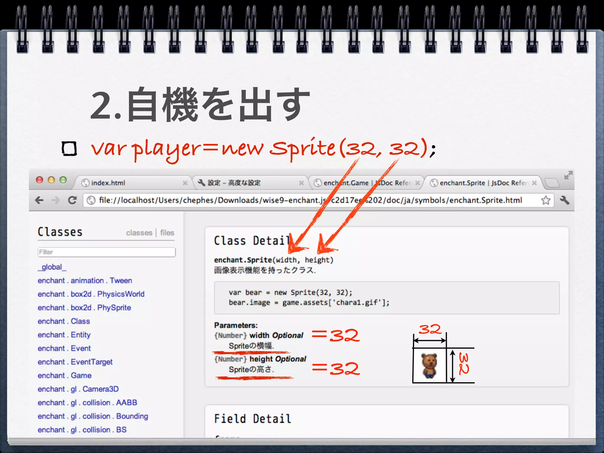 2.自機を出す
var player=new Sprite(32, 32);




                  =32       32




                                 32
                  =32
 