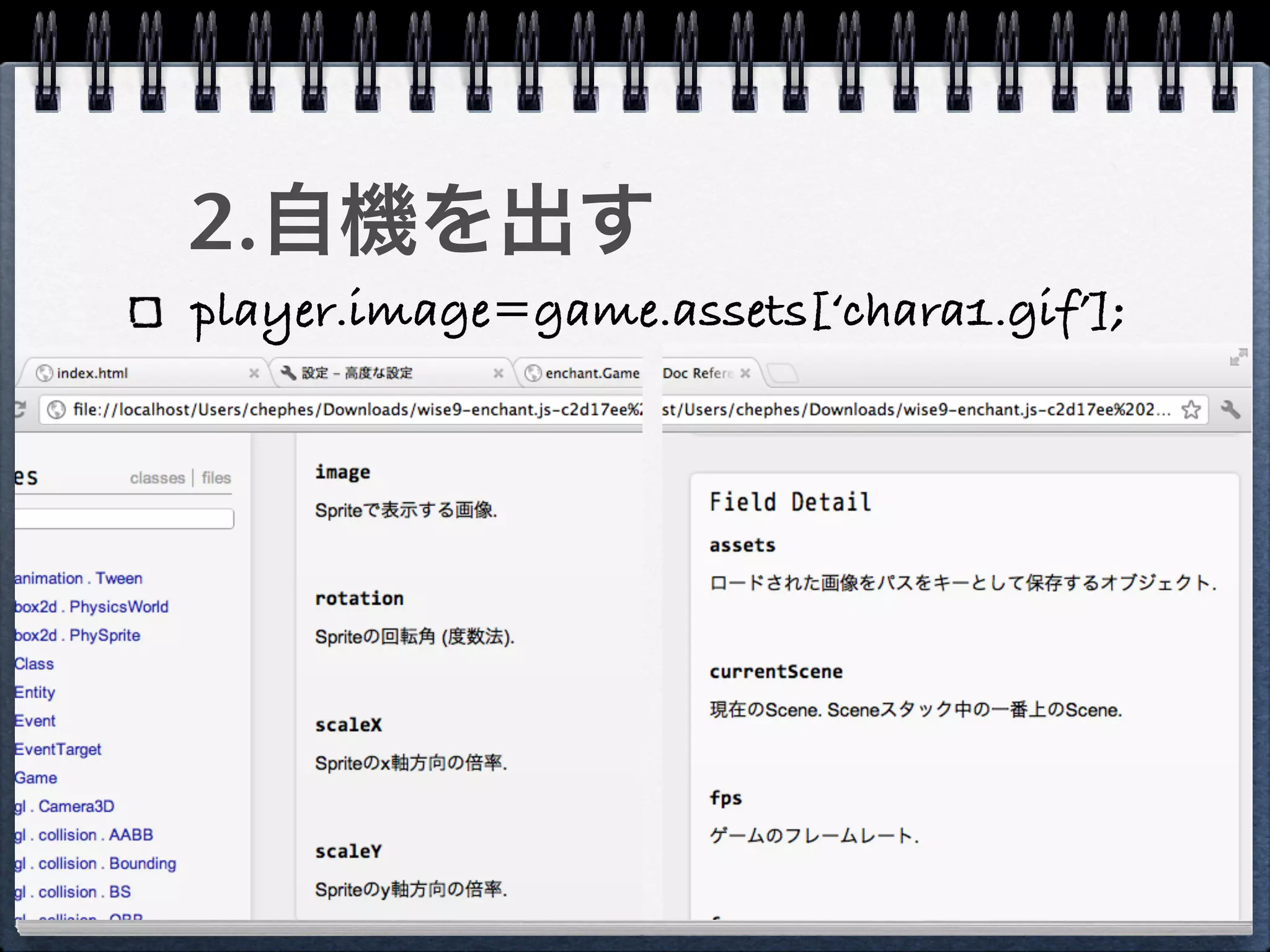 2.自機を出す
player.image=game.assets[‘chara1.gif’];
 
