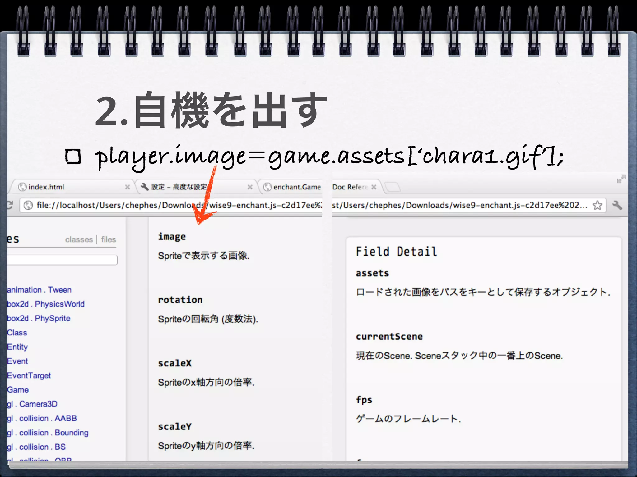 2.自機を出す
player.image=game.assets[‘chara1.gif’];
 
