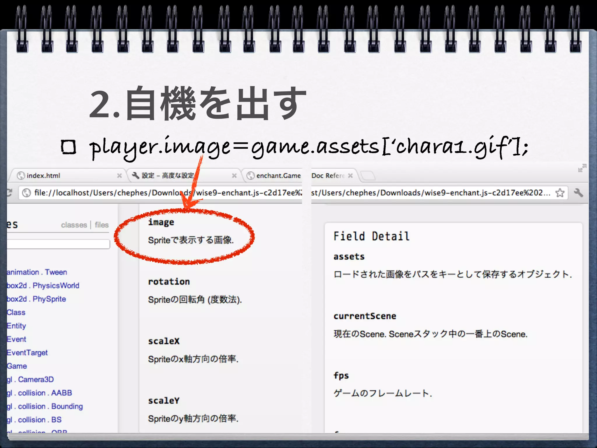 2.自機を出す
player.image=game.assets[‘chara1.gif’];
 