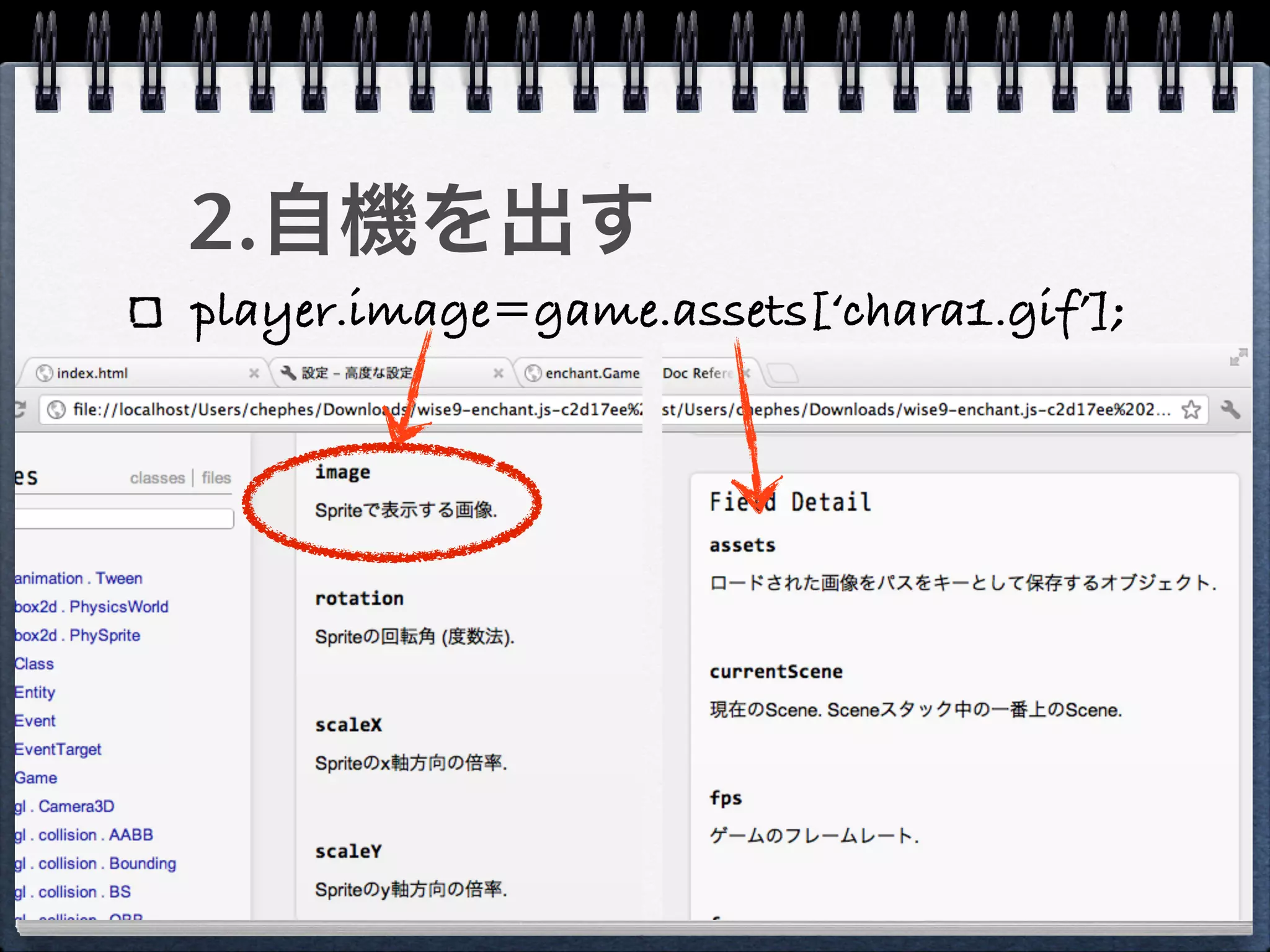 2.自機を出す
player.image=game.assets[‘chara1.gif’];
 
