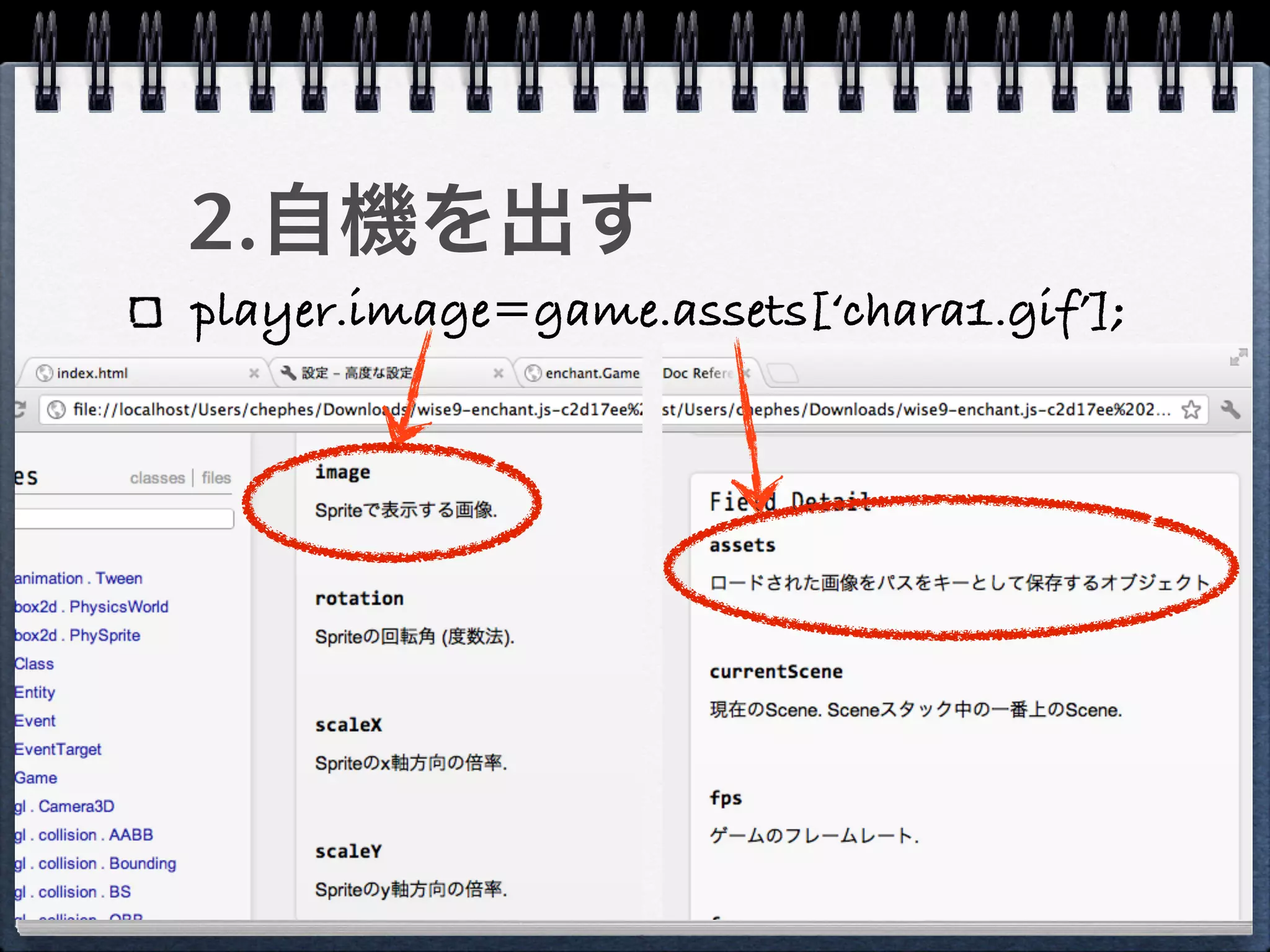 2.自機を出す
player.image=game.assets[‘chara1.gif’];
 