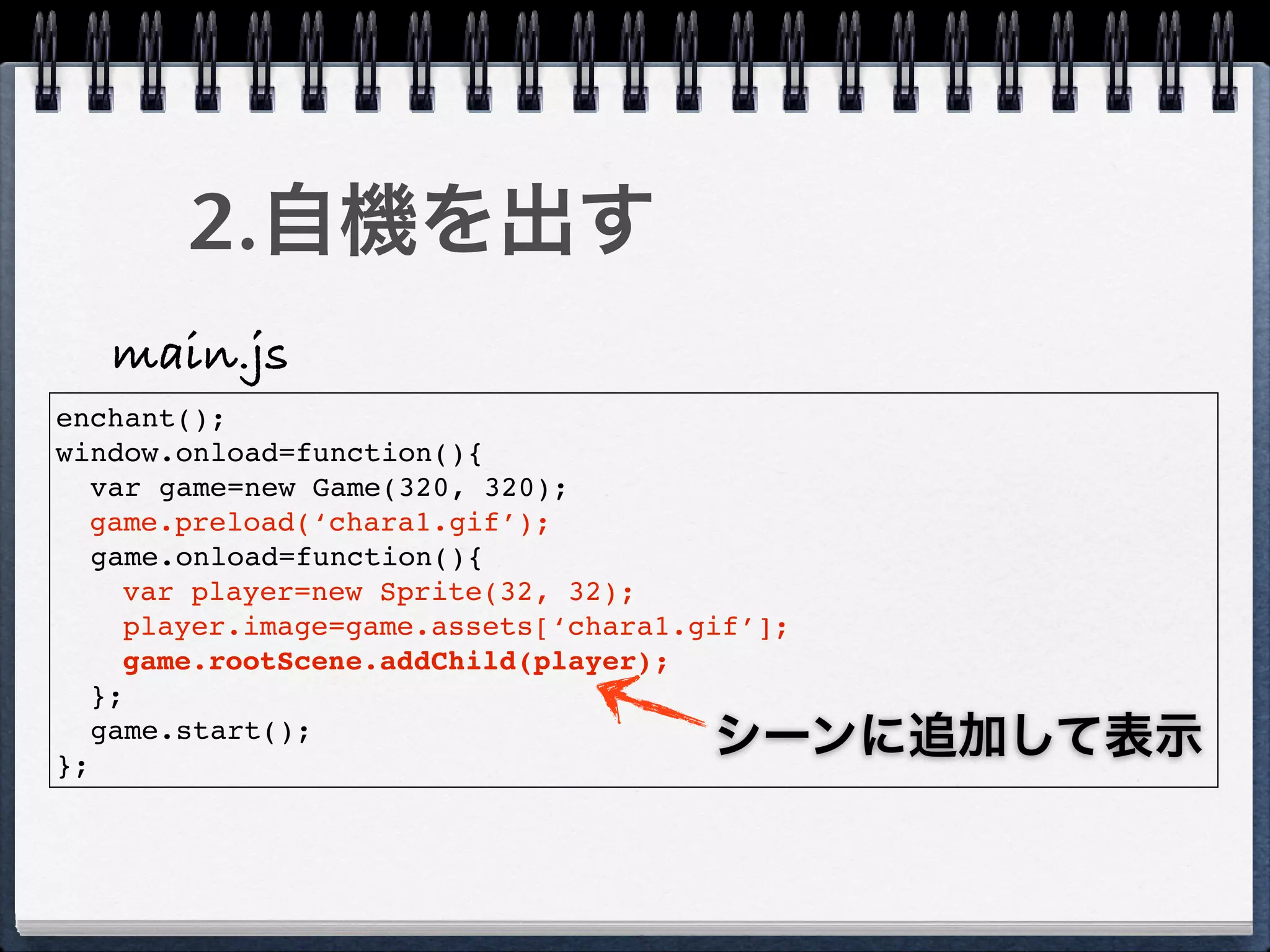 2.自機を出す
   main.js
enchant();
window.onload=function(){
   var game=new Game(320, 320);
  game.preload(‘chara1.gif’);
   game.onload=function(){
     var player=new Sprite(32, 32);
     player.image=game.assets[‘chara1.gif’];
     game.rootScene.addChild(player);
   };

};
   game.start();
                                       シーンに追加して表示
 